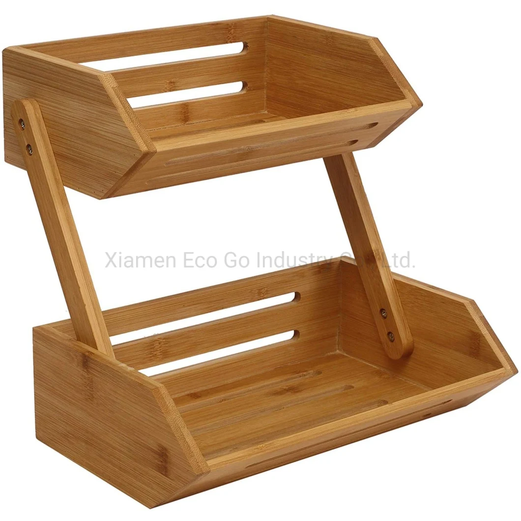 2-Tier Bamboo Fruit Holder Vegetable Bread Storage Stand, Bamboo Fruit Basket for Kitchen