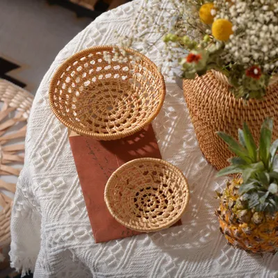 Cestino per il pane in rattan rotondo intrecciato a mano in stile giapponese, vassoio da tè, piatto da portata, per cena, caffè, colazione, frutta