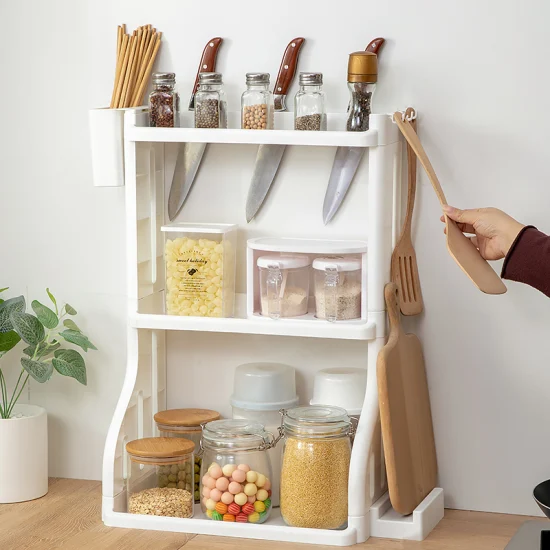 Amazon Vendita calda Casa Cucina Spezie Utensili da cucina Cucchiaio Portaoggetti Tre strati con ganci Tagliere Rack e cesto sospeso