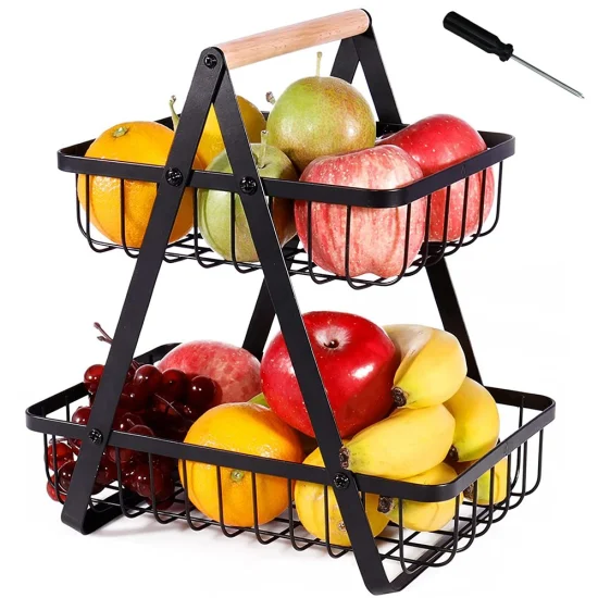 Portafrutta a 2 livelli, Cesto di frutta per cucina, Maniglia portatile staccabile, Design cavo, Drenaggio rapido, Portafrutta, Multifunzionale